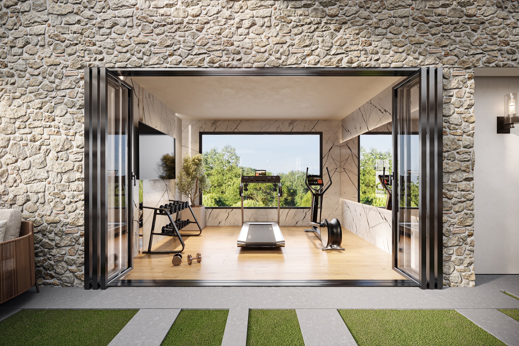 Glass-front gym render