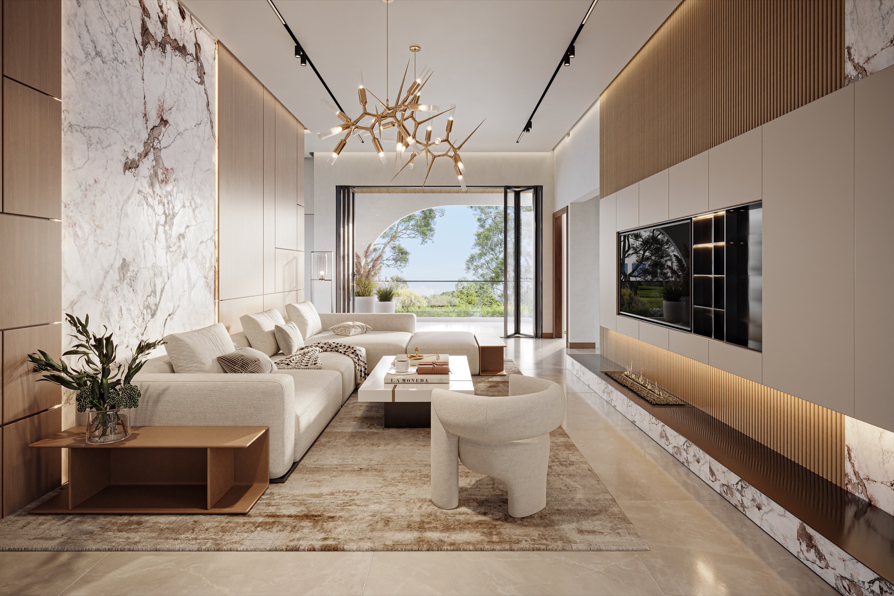 Living room with slide-and-fold opening